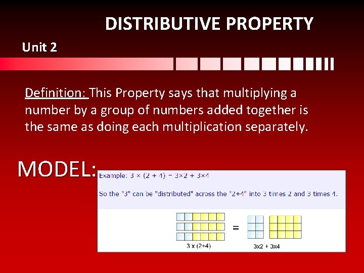 DISTRIBUTIVE PROPERTY Unit 2 Definition: This Property says that multiplying a number by a