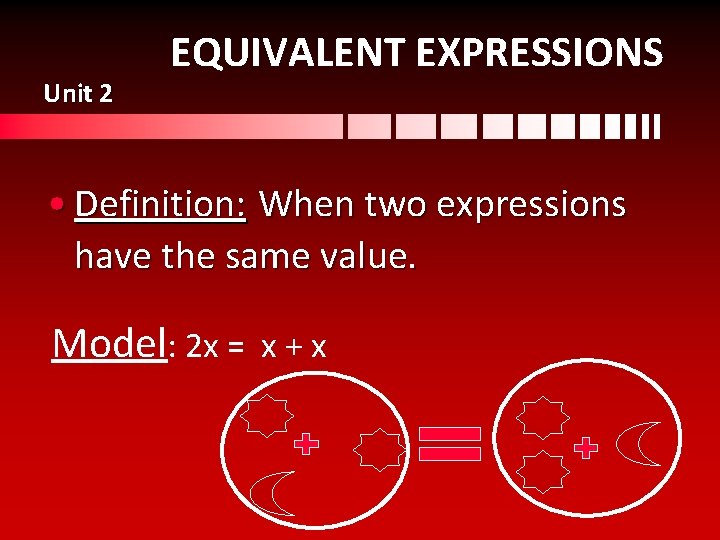Unit 2 EQUIVALENT EXPRESSIONS • Definition: When two expressions have the same value. Model: