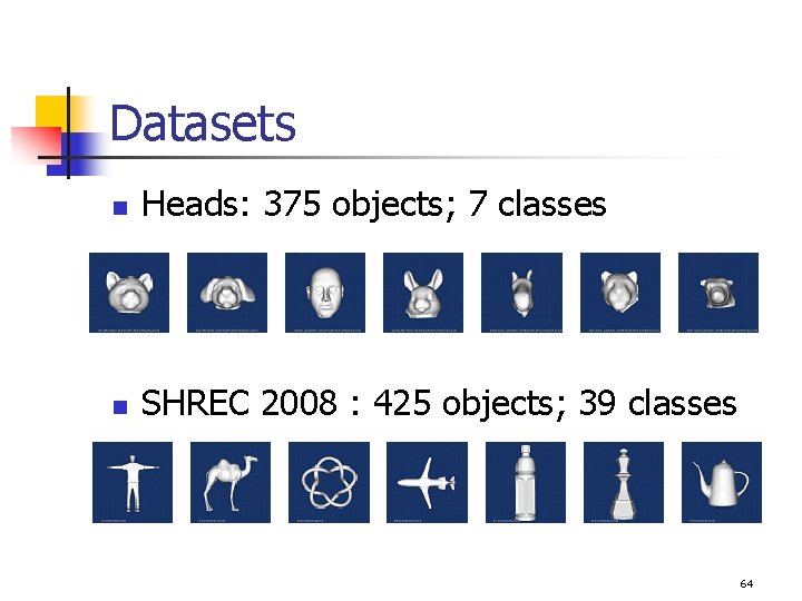Datasets n Heads: 375 objects; 7 classes n SHREC 2008 : 425 objects; 39
