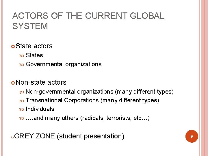ACTORS OF THE CURRENT GLOBAL SYSTEM State actors States Governmental Non-state organizations actors Non-governmental