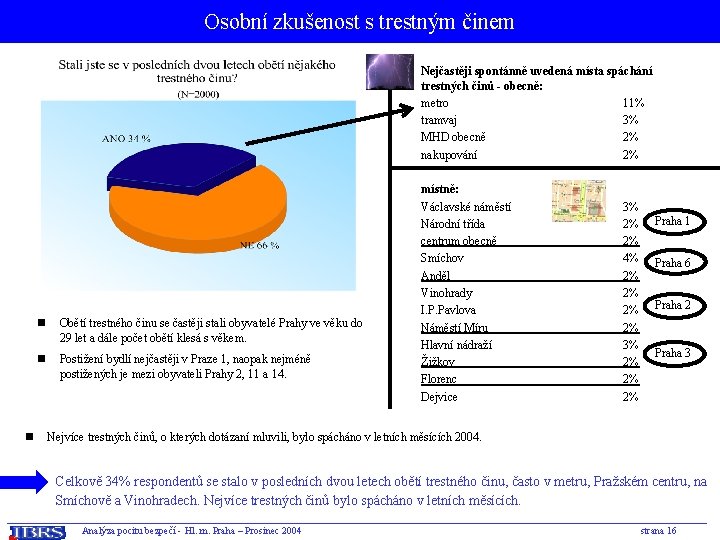 Osobní zkušenost s trestným činem Nejčastěji spontánně uvedená místa spáchání trestných činů - obecně: