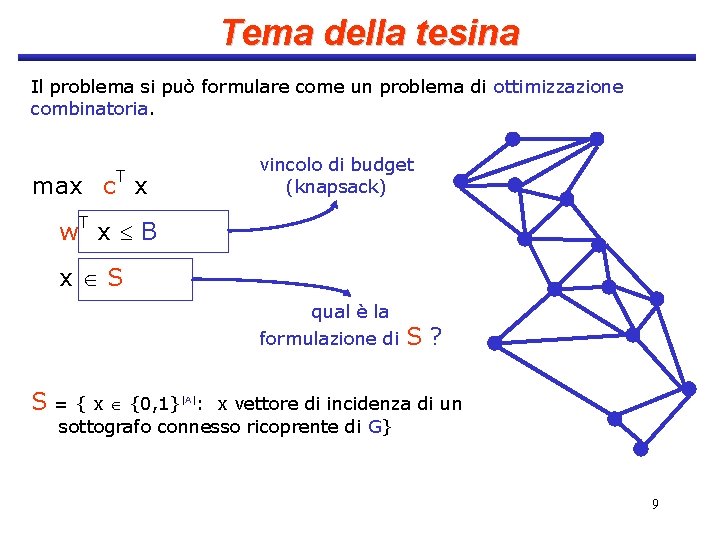Tema della tesina Il problema si può formulare come un problema di ottimizzazione combinatoria.