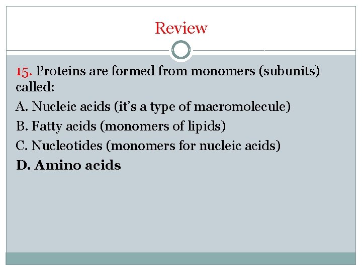 Review 15. Proteins are formed from monomers (subunits) called: A. Nucleic acids (it’s a