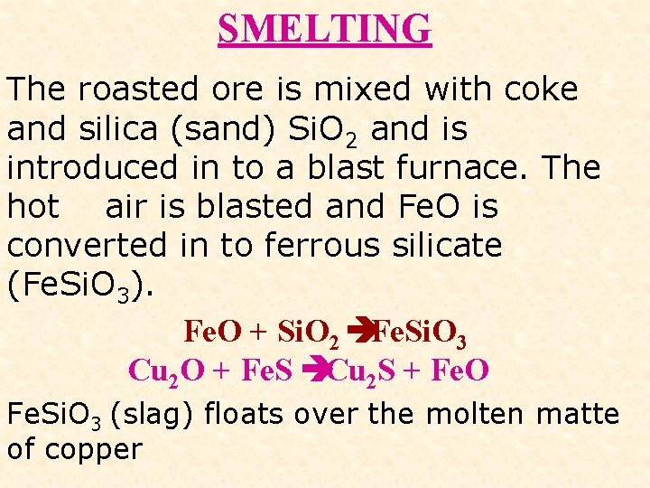 SMELTING The roasted ore is mixed with coke and silica (sand) Si. O 2