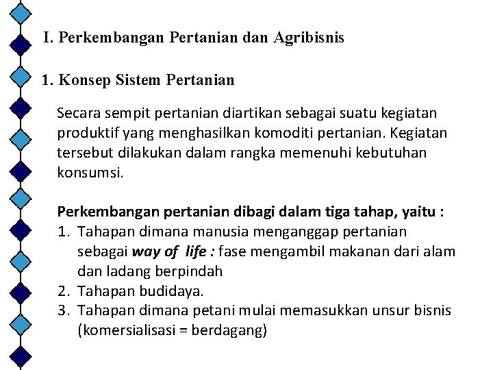 I. Perkembangan Pertanian dan Agribisnis 1. Konsep Sistem Pertanian Secara sempit pertanian diartikan sebagai