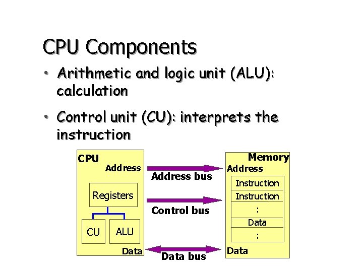 CPU Components • Arithmetic and logic unit (ALU): calculation • Control unit (CU): interprets CPU Components • Arithmetic and logic unit (ALU): calculation • Control unit (CU): interprets