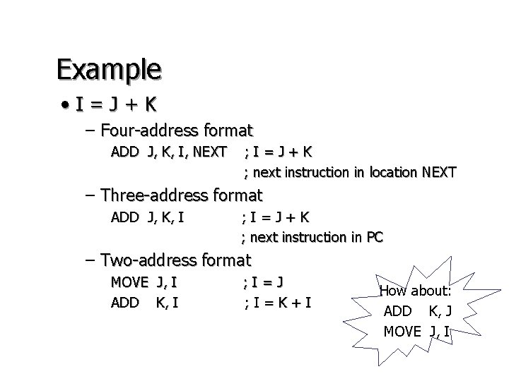 Example • I=J+K – Four-address format ADD J, K, I, NEXT ; I=J+K ; Example • I=J+K – Four-address format ADD J, K, I, NEXT ; I=J+K ;