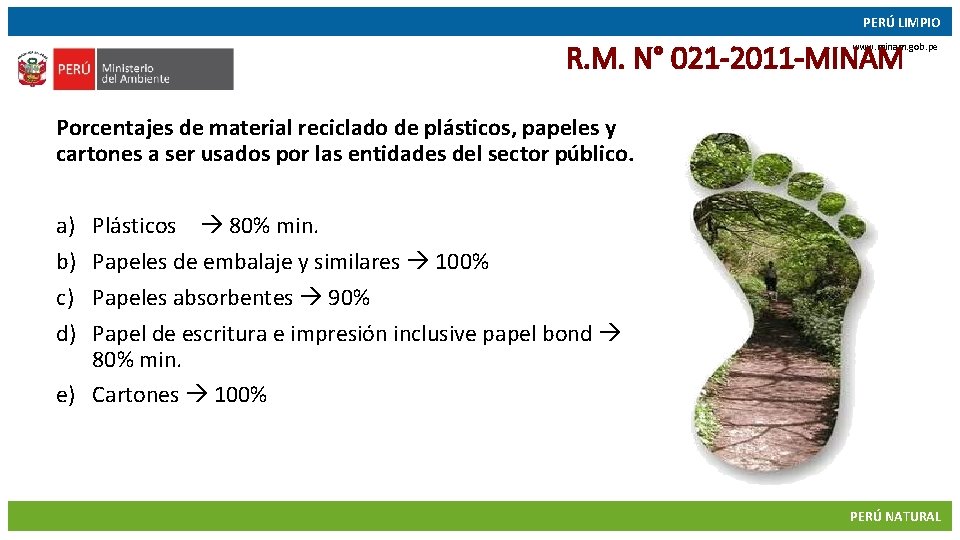 PERÚ LIMPIO R. M. N° 021 -2011 -MINAM www. minam. gob. pe Porcentajes de