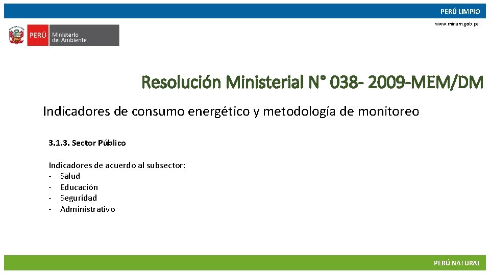 PERÚ LIMPIO www. minam. gob. pe Resolución Ministerial N° 038 - 2009 -MEM/DM Indicadores