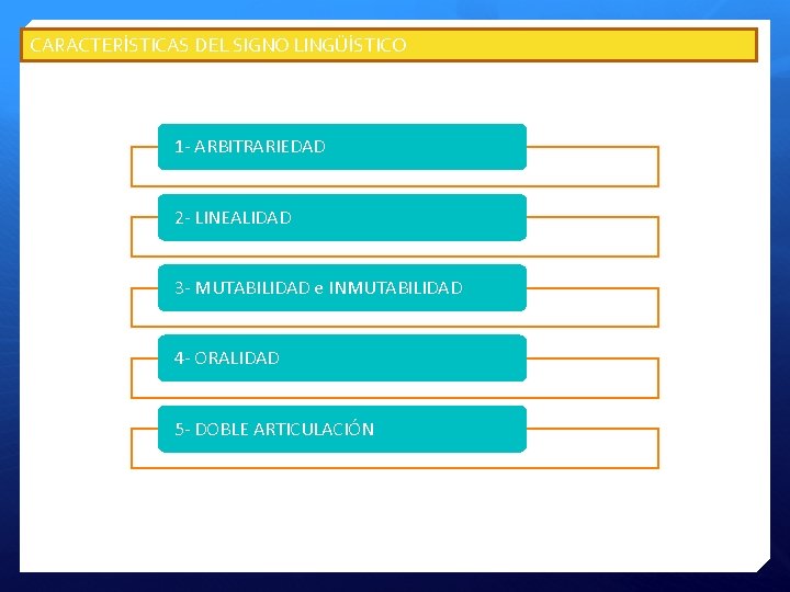 CARACTERÍSTICAS DEL SIGNO LINGÜÍSTICO 1 - ARBITRARIEDAD 2 - LINEALIDAD 3 - MUTABILIDAD e