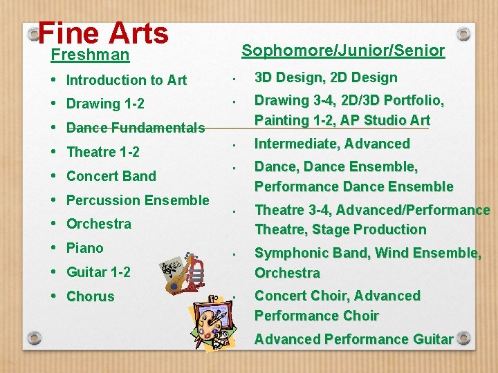 Fine Arts Freshman • Introduction to Art • Drawing 1 -2 • Dance Fundamentals