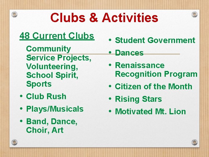 Clubs & Activities 48 Current Clubs Community Service Projects, Volunteering, School Spirit, Sports •