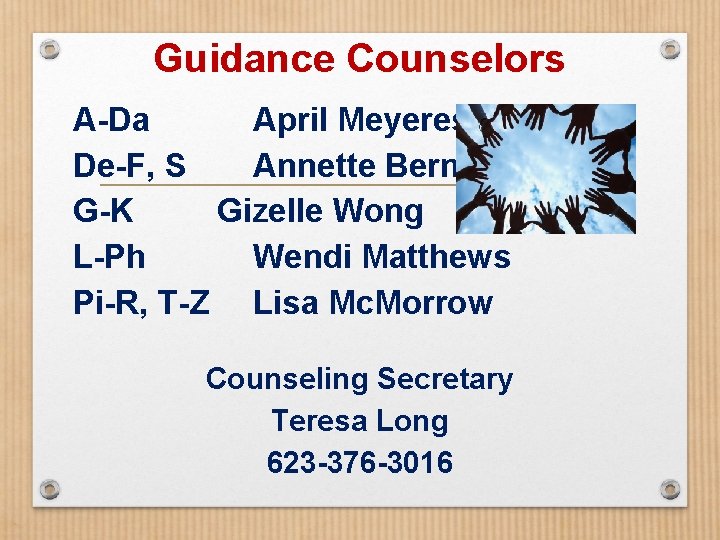 Guidance Counselors A-Da April Meyeres De-F, S Annette Bernard G-K Gizelle Wong L-Ph Wendi