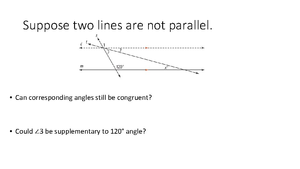 Suppose two lines are not parallel. • Can corresponding angles still be congruent? •