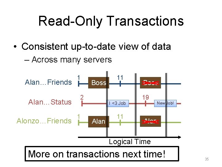 Read-Only Transactions • Consistent up-to-date view of data – Across many servers Alan…Friends Alan…Status