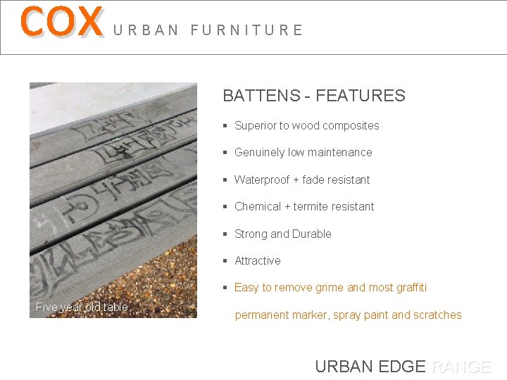 cox URBAN FURNITURE BATTENS - FEATURES § Superior to wood composites § Genuinely low