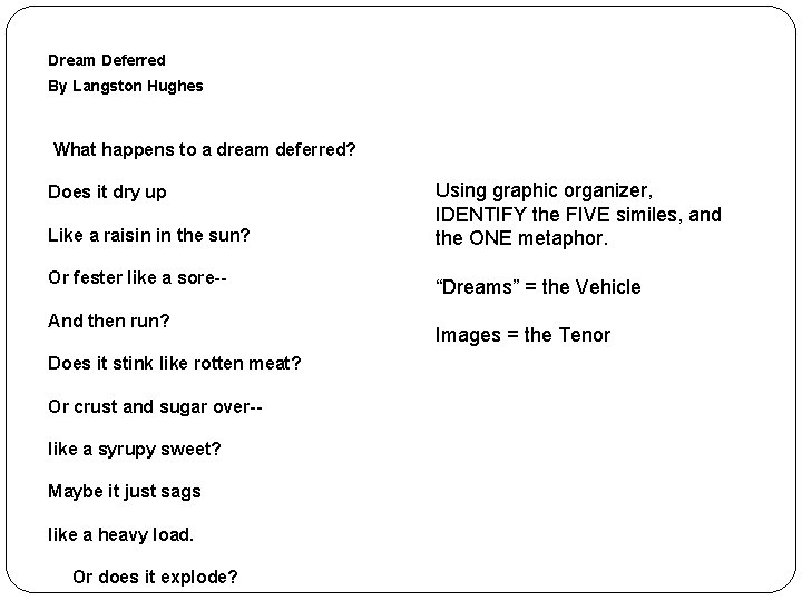 Dream Deferred By Langston Hughes What happens to a dream deferred? Does it dry