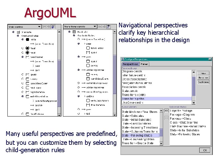 Argo. UML Navigational perspectives clarify key hierarchical relationships in the design Many useful perspectives