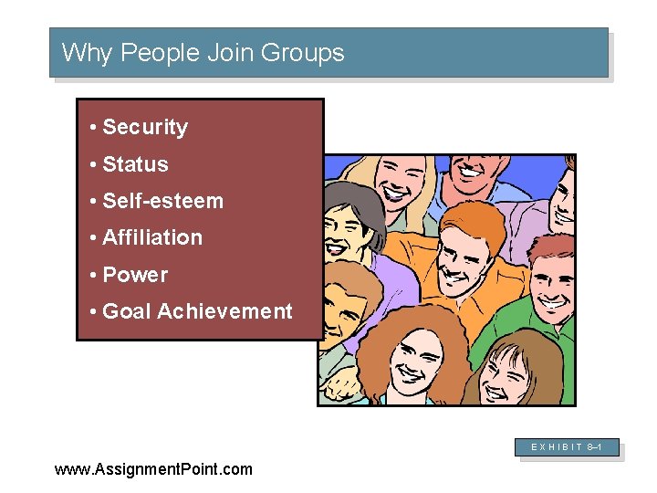 Why People Join Groups • Security • Status • Self-esteem • Affiliation • Power
