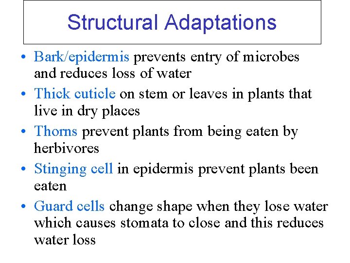 Structural Adaptations • Bark/epidermis prevents entry of microbes and reduces loss of water •