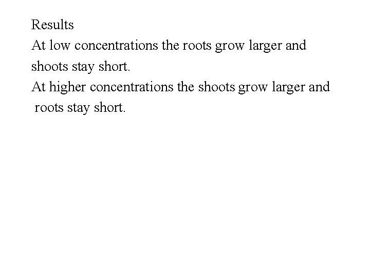 Results At low concentrations the roots grow larger and shoots stay short. At higher