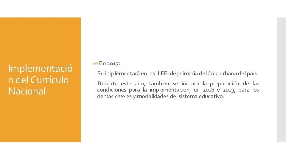 Implementació n del Currículo Nacional En 2017: Se implementará en las II. EE. de