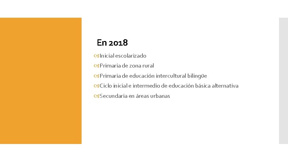 En 2018 Inicial escolarizado Primaria de zona rural Primaria de educación intercultural bilingüe Ciclo