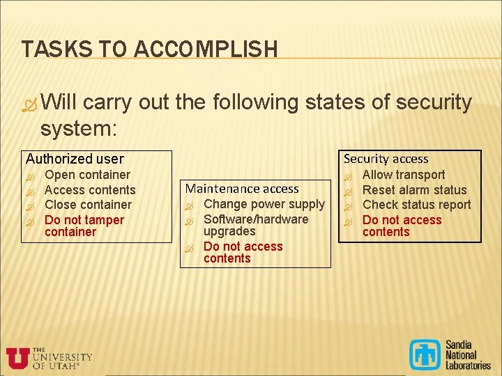 TASKS TO ACCOMPLISH Will carry out the following states of security system: Security access