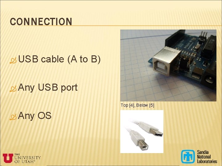 CONNECTION USB Any cable (A to B) USB port Top [4], Below [5] Any