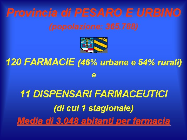 Provincia di PESARO E URBINO (popolazione: 365. 788) 120 FARMACIE (46% urbane e 54%