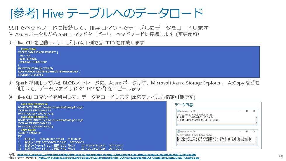 [参考] Hive テーブルへのデータロード SSH でヘッドノードに接続して、Hive コマンドでテーブルにデータをロードします Ø Azure ポータルから SSH コマンドをコピーし、ヘッドノードに接続します（前頁参照） Ø Hive CLI