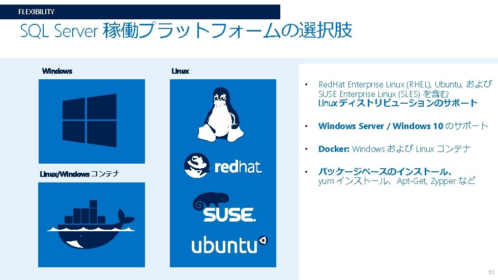 FLEXIBILITY SQL Server 稼働プラットフォームの選択肢 Windows Linux/Windows コンテナ Linux • Red. Hat Enterprise Linux (RHEL), FLEXIBILITY SQL Server 稼働プラットフォームの選択肢 Windows Linux/Windows コンテナ Linux • Red. Hat Enterprise Linux (RHEL),