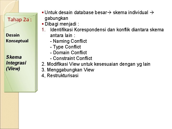 Tahap 2 a : Desain Konseptual Skema Integrasi (View) § Untuk desain database besar