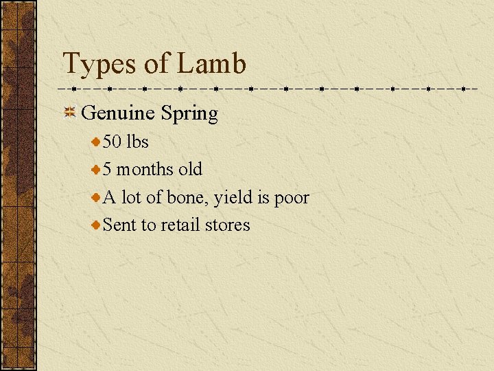 Types of Lamb Genuine Spring 50 lbs 5 months old A lot of bone,