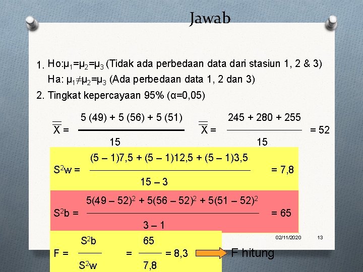 Jawab 1. Ho: μ 1=μ 2=μ 3 (Tidak ada perbedaan data dari stasiun 1,