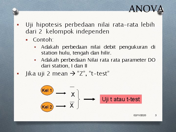 ANOVA § Uji hipotesis perbedaan nilai rata-rata lebih dari 2 kelompok independen § Contoh: