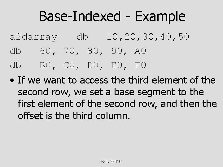 Base-Indexed - Example a 2 darray db 10, 20, 30, 40, 50 db 60,