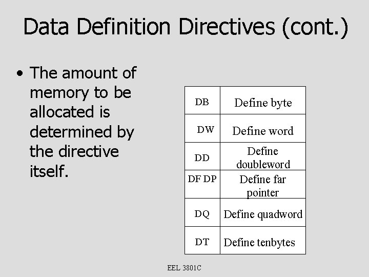 Data Definition Directives (cont. ) • The amount of memory to be allocated is