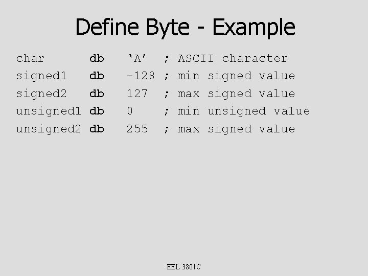 Define Byte - Example char signed 1 signed 2 unsigned 1 unsigned 2 db