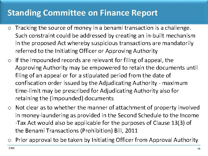 Standing Committee on Finance Report o Tracking the source of money in a benami