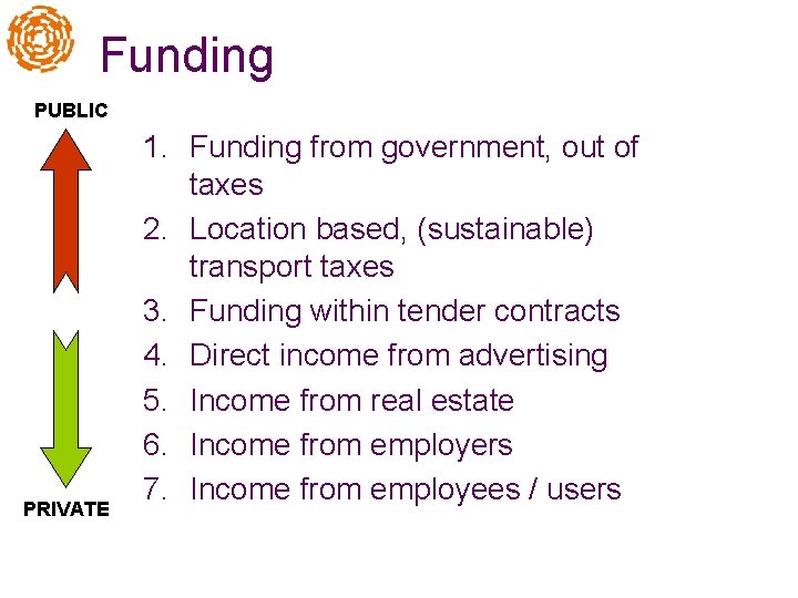 Funding PUBLIC PRIVATE 1. Funding from government, out of taxes 2. Location based, (sustainable)