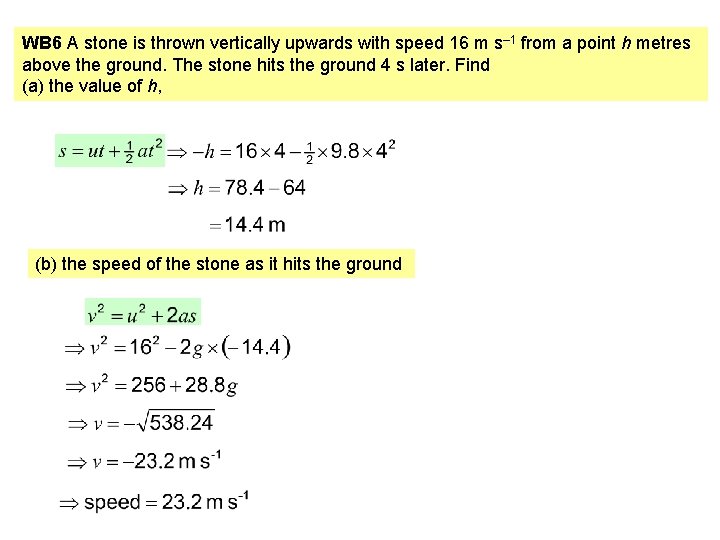 WB 6 A stone is thrown vertically upwards with speed 16 m s– 1