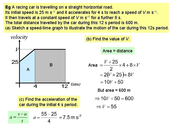 Eg A racing car is travelling on a straight horizontal road. Its initial speed