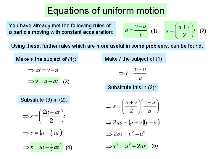 Equations of uniform motion You have already met the following rules of a particle