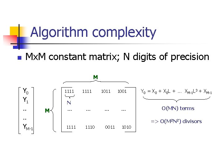 Algorithm complexity n Mx. M constant matrix; N digits of precision M Y 0