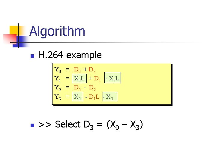 Algorithm n H. 264 example Y 0 Y 1 Y 2 Y 3 n