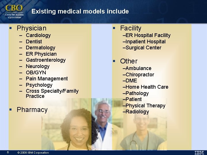 Existing medical models include § Physician – – – – – Cardiology Dentist Dermatology