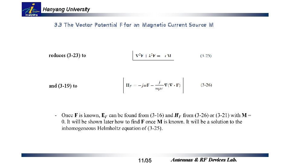 Hanyang University 3. 3 The Vector Potential F for an Magnetic Current Source M