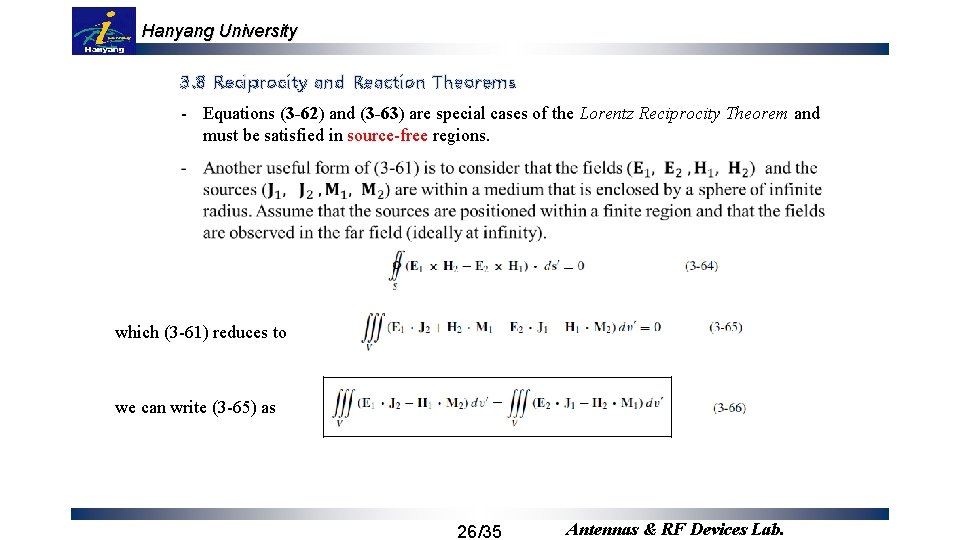 Hanyang University 3. 8 Reciprocity and Reaction Theorems - Equations (3 -62) and (3