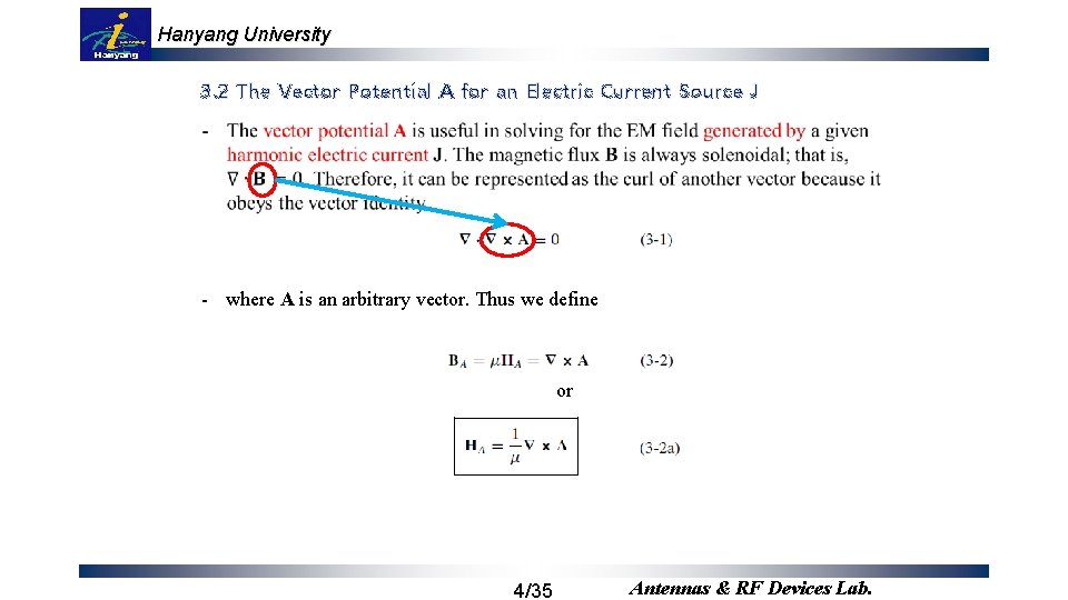 Hanyang University 3. 2 The Vector Potential A for an Electric Current Source J